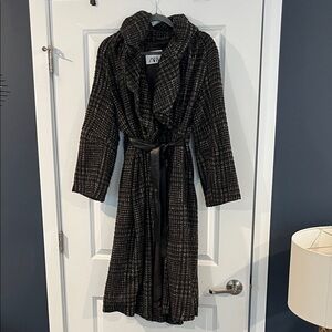 Chic Brown Plaid Coat with leather belt and pocket trim Zara Collection